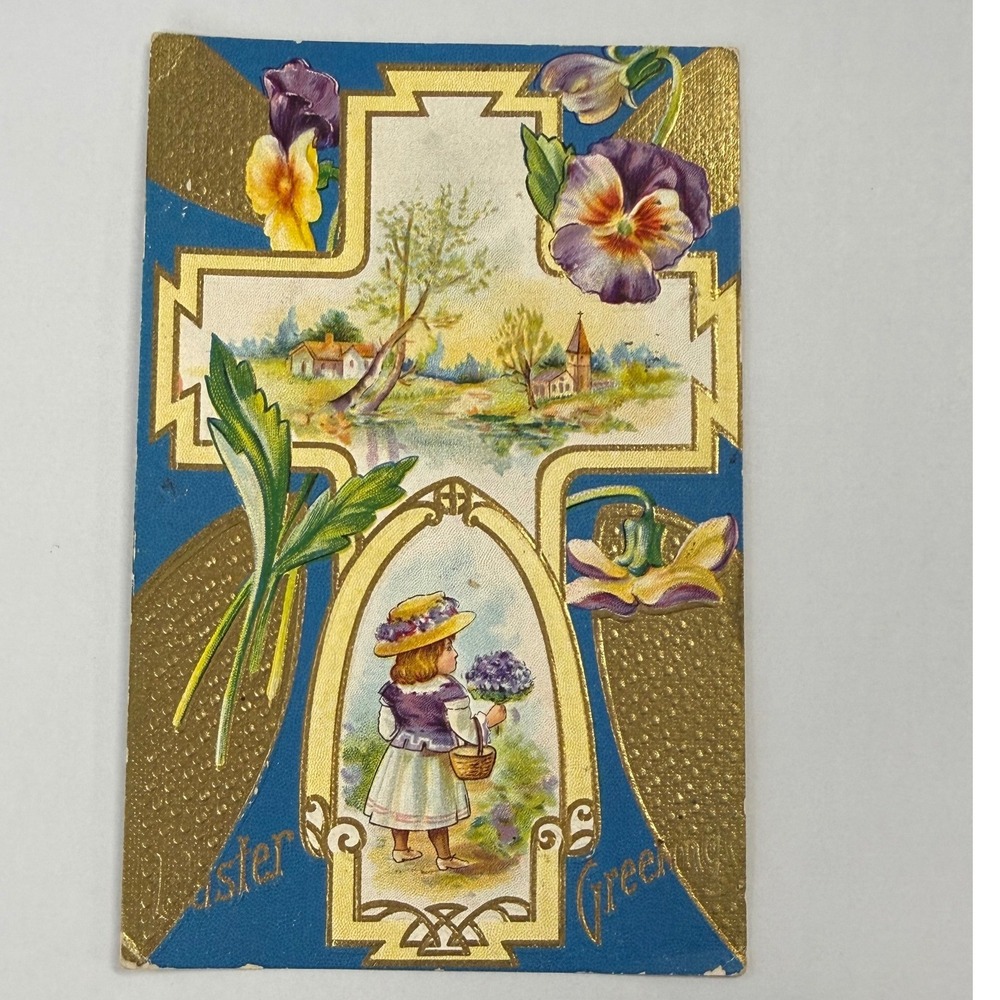 Easter Greetings Holiday Postcard 1910 Cross Inset Church By Lake Girl Flowers